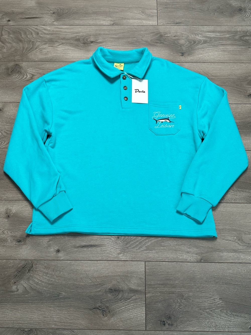 Duvin Catch Of The Day Polo Fleece Pullover Sweatshirt Teal Blue Size Medium